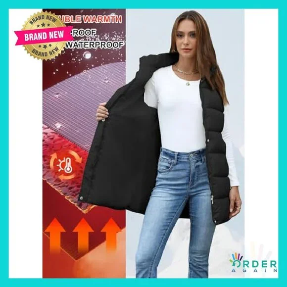 Long Hooded Puffer Vest Quilted Sleeveless Jacket Minimal Chic Winter Outerwear